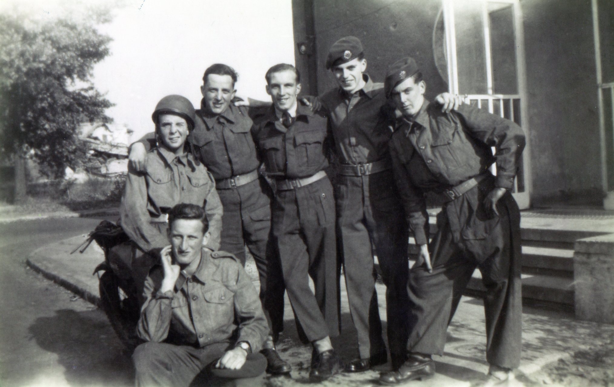 John Perkins RAF Gatow No 3 Armoured car Squadron RAFR – taken outside our billet John Perkins in middle.jpg